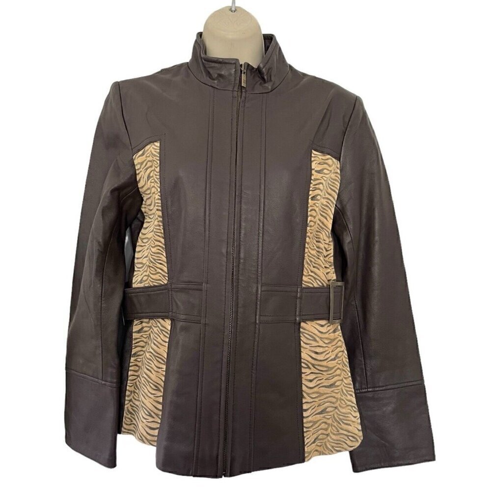 Vtg Pamela McCoy Woman's Sz XS Brown 100% Leather Mid Length Belted Waist Jacket